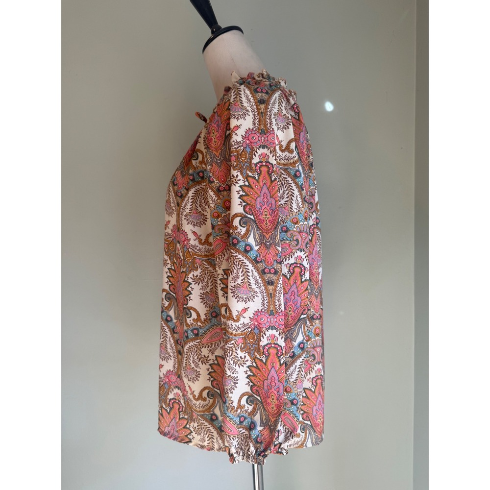 Boemo Paisley Tassel boho Blouse Pink Blue LongSleeve Top M shirt whimsi cottage - Picture 4 of 7
